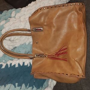 Brown leather-ish w/red velvety interior women's handbag